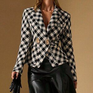 Black And White Casual Women's Plaid Double-Breasted Suit Jacket